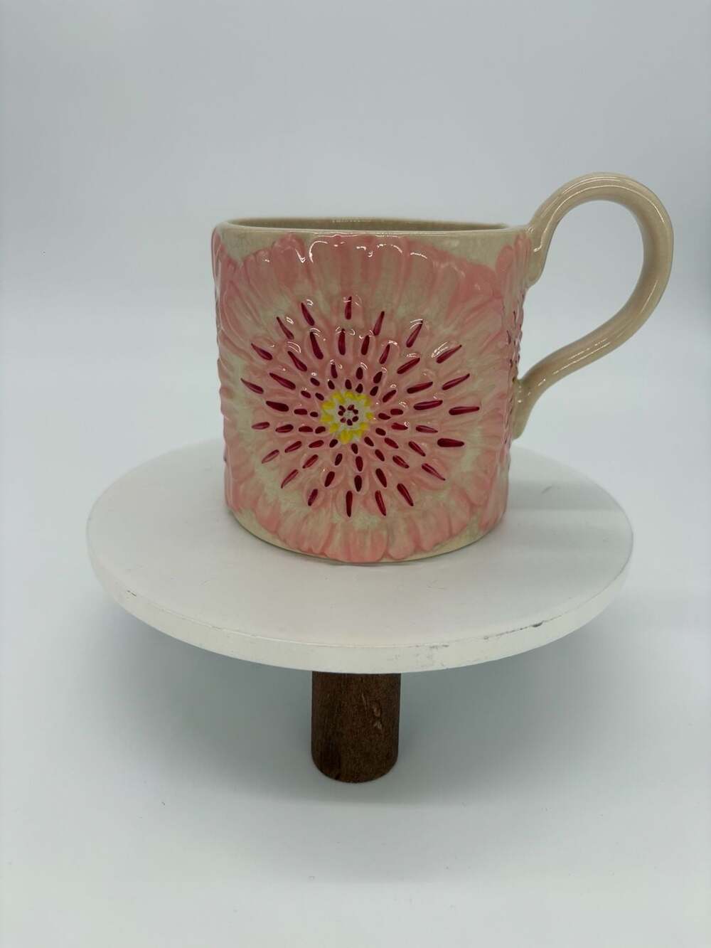 Anthropologie Pink Floral Embossed Ceramic Mug